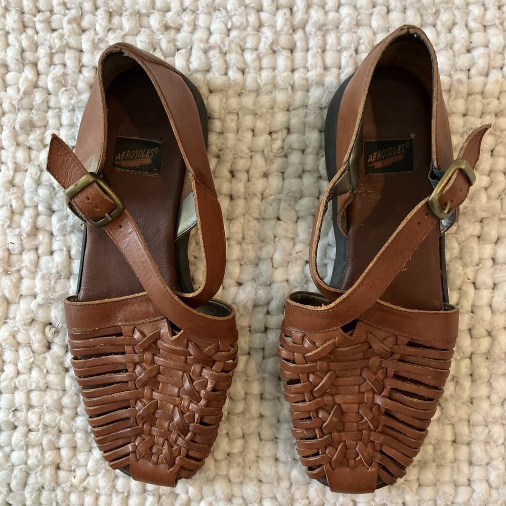 VTG 90's AEROSOLES Women's 9.5 Woven Huarache Leather Sandals Flat Buckle Shoes - Picture 4 of 8